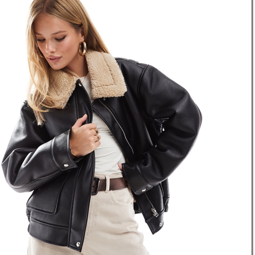 ASOS DESIGN borg collar oversized flight jacket in black